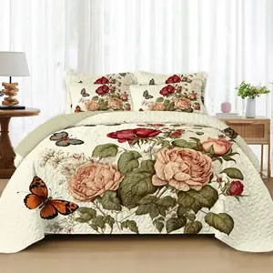 Peony & Butterfly Quilt, all-season use, soft and skin-friendly, lightweight pastoral rose print bedspread (King/Queen/Full sizes include two pillow shams; Twin size includes one pillow sham)