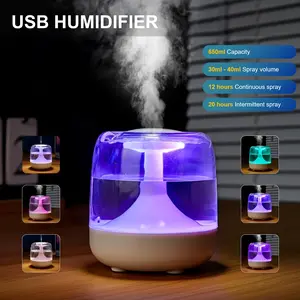 650ml Humidifier with Night Light, Home desktop humidifier, Usb Powered Humidifier, Colorful transparent, continuous and intermittent two gear spray, Do not add essential oils, suitable for living room, bedroom, office