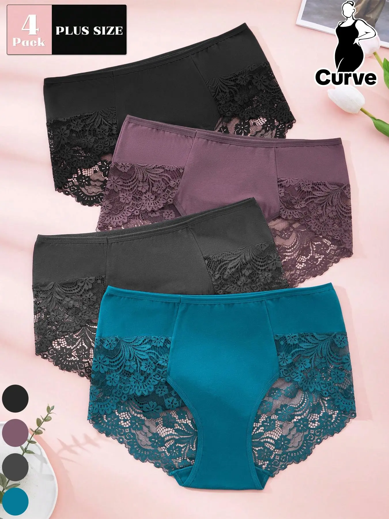 [Plus Size] Contrast Lace Aesthetic High Waist Boyshorts, Soft Comfy Breathable Stretchy Panty for Daily Wear, Women's Underwear for All Seasons Womenswear Soft Comfy Panties