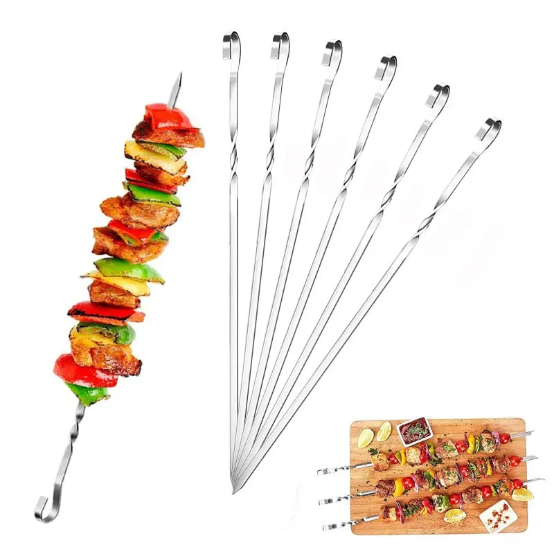 Metal Stainless Steel Skewers 13.8 Inches, Long Flat BBQ Skewers, Reusable Grill Skewer Set, 20pcs, Barbecue Utensils, Kitchen Party and Outdoor Cooking