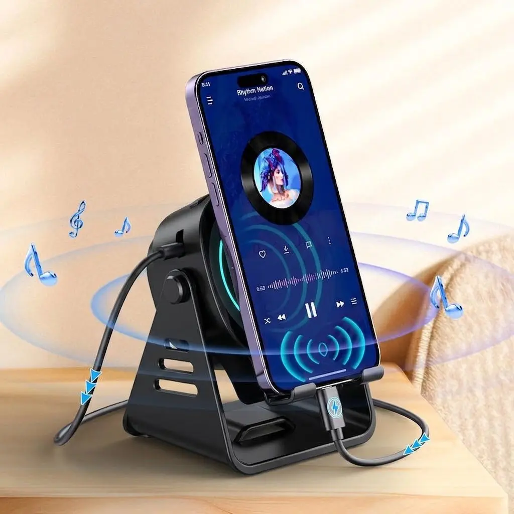 5 IN 1 Wireless Induction Audio Bluetooth Speaker, 360° Rotation Stand with LED, Universal Speaker Stands for Surround Sound&Charger,Portable Desktop Stand Gift for Home, Shower, Outdoors, Travel. Gifts for Men Women