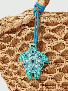 Handmade Blue Turtle Beaded Charm, Boho Style Bag Decoration, Straw Woven Bag Accessory, Keychain or Car Hanging Ornament, Sparkly Bag Charm, Stylish Playful Charm, Bag Charms, Purse Charm, Purse Accessories