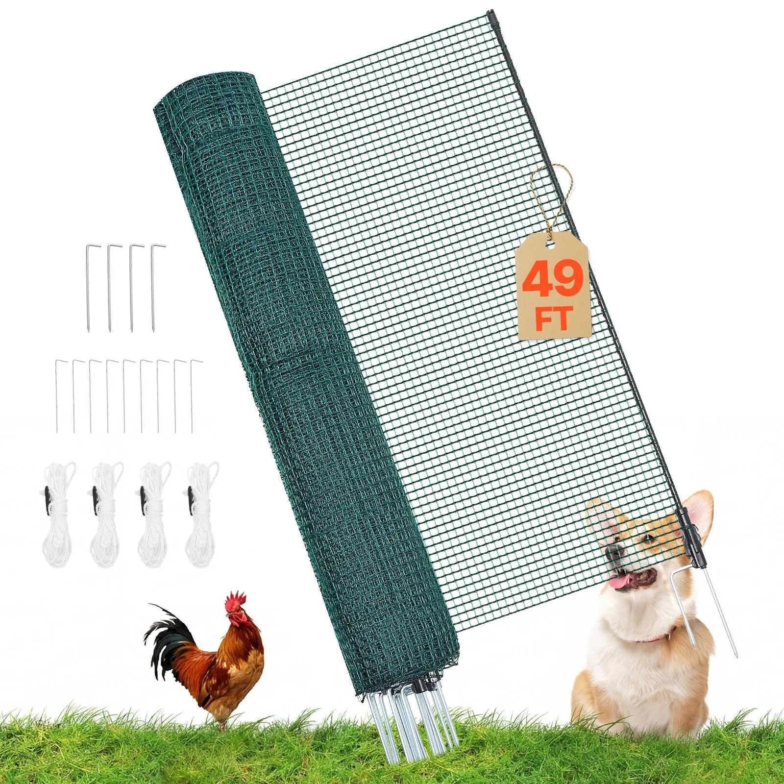 【SummerFinds】VEVOR Temporary Fence with Posts, 3 x 49.2 FT Plastic Mesh Fencing, Garden Safety Fences Netting with Double-Spike Stakes & Guy Ropes, Temporary Fence for Dogs, Chickens, Plants, Outdoor Yards