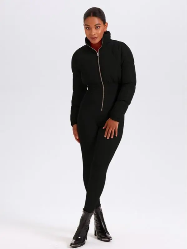 MOTIONKILLER Women's Puffer Overalls Jumpsuit - Zip-Front, Slim-Fitting, Solid, Long Sleeve, Full Length, Polyester Blend, Casual Winter Apparel, Check Size Chart, Normal Type