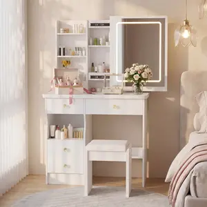 White Vanity Set with Mirror and LED Lighting — Features 3  LED Light Modes, 4 Drawers, and a Padded Stool ,Modern-Style Dressing Table Suitable for the Bedroom installation