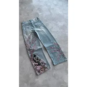 Women Cherry Blossom Knight All Embroidery Denim Pants Vintage Baggy Street Straight Jeans High Waisted Washed Blue Jean Can be used with raincoat