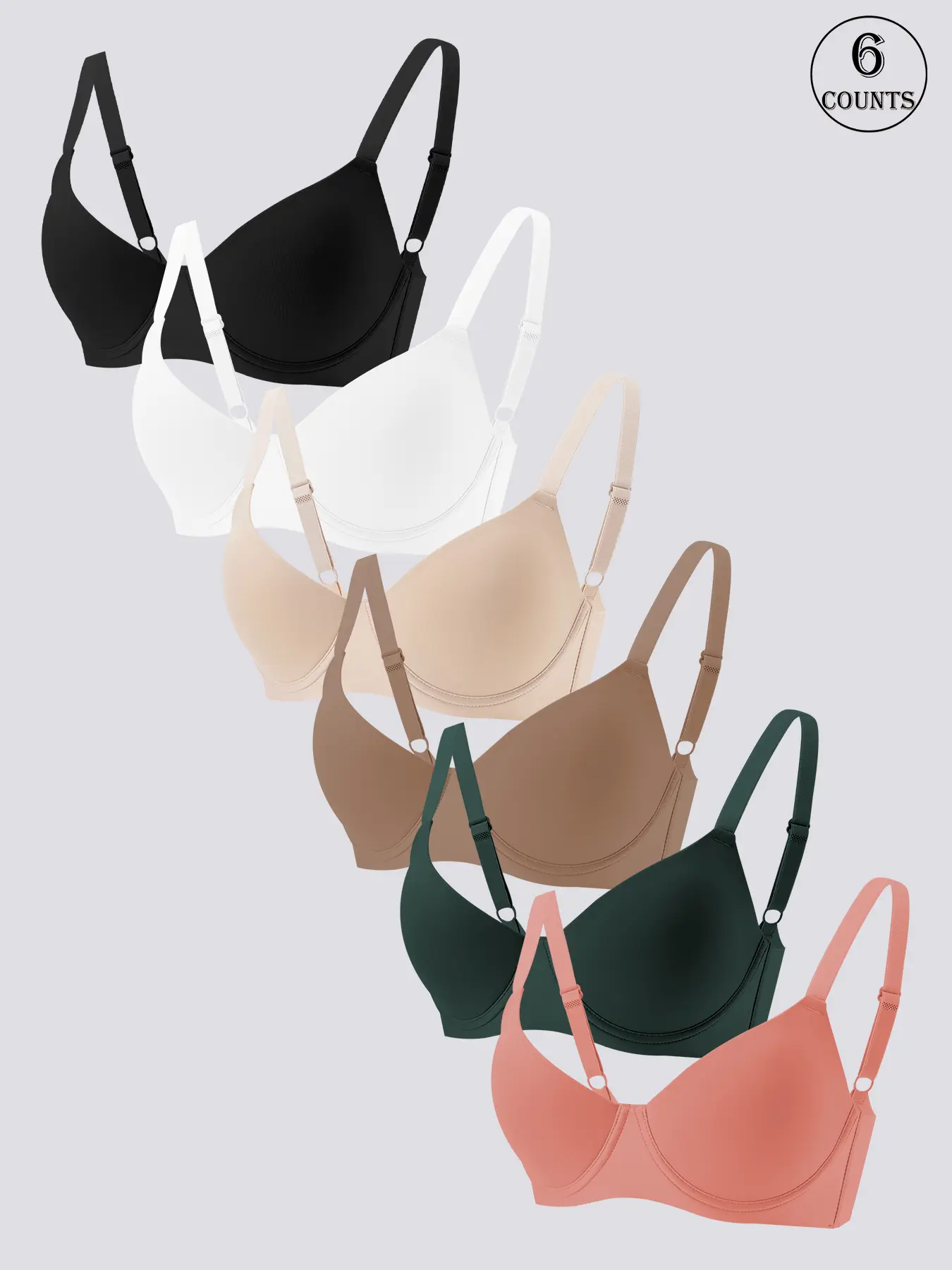 6-Piece Set of Minimalist Solid Color Seamless Women's Bras, Unlined Bra, Uplifting and High Support Push-Up Bra, Convertible Straps and Adjustable Hook Back, Underwire Anti-Slip Comfortable Breathable Lingerie, Daily Casual High-Quality Women's Bras