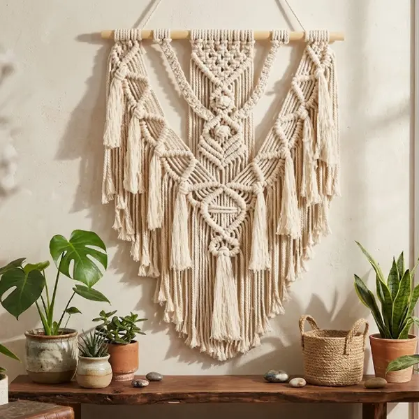 Handmade Bohemian Cotton Cord Wall Hanging - Geometric Braided Tapestry with Long Tassels, Eco-Friendly Neutral Home Decor for Bedroom, Above the Bed, Home Inspo Housewarming Gift for Her, Hangable