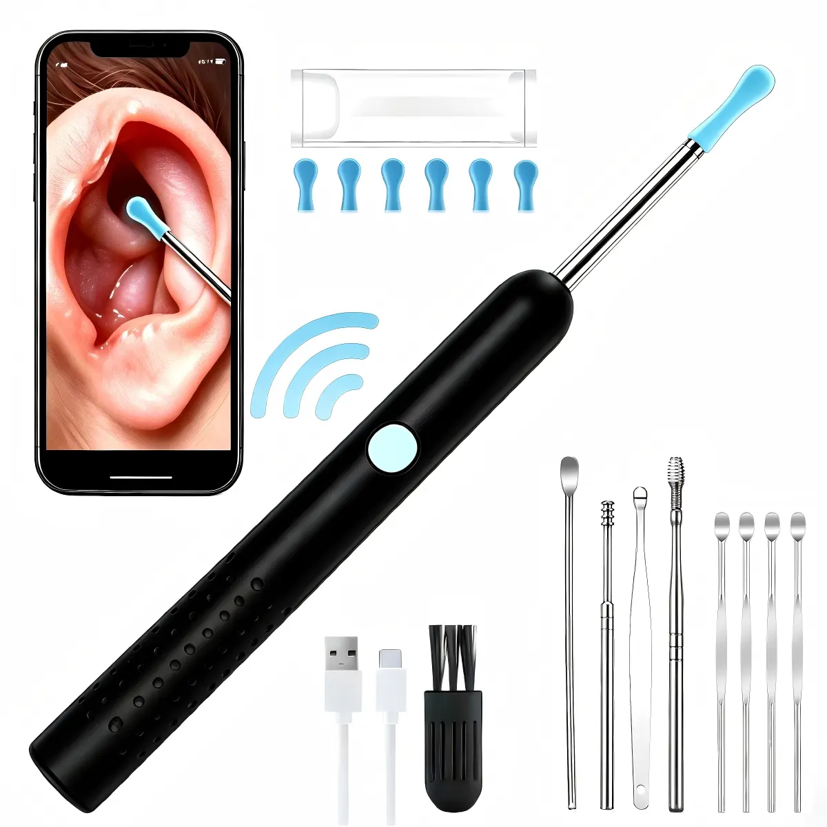 Smart 1080P HD Ear Camera Kit 9 Piece Set for iPhone & Android 6-9 Soft Silicone Spoons Rechargeable Battery Black Safe Wax Removal Ear Cleaning Tool Ear Cleaner Ear Irrigation Kit ear wax removals ear wax removal tool Birthday gifts, holiday gifts