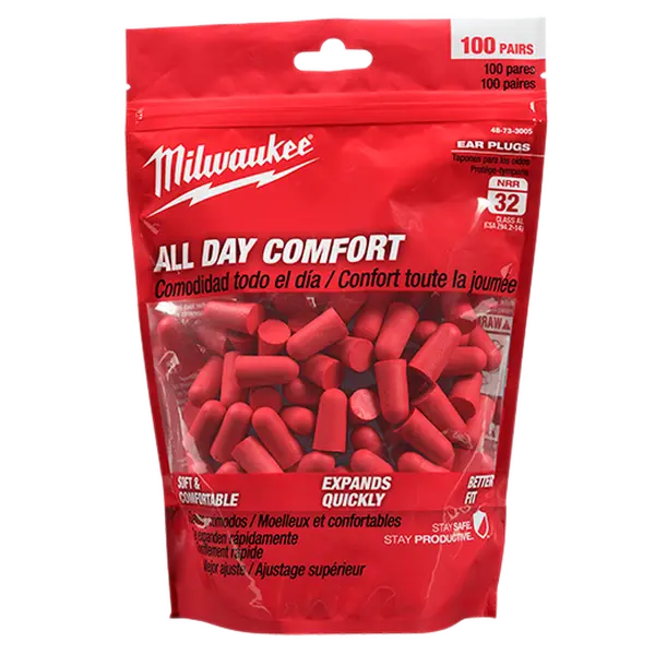 Milwaukee Unisex Tapered Fit Foam Earplugs, Comfortable for Jobsite Use, 100 Individually Sealed Pairs, 32 NRR