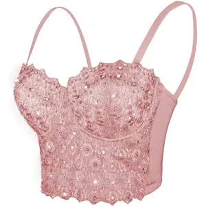 NewWomen's  Reigning Lace Rhinestone Bustier Crop Top Sexy Mesh Corset Top Bra