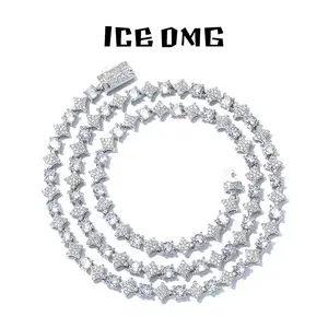 6mm Iced Out Star Tennis Chain Necklace Bling Sparkling Round Zirconia Diamond Hip Hop Rapper Jewelry Gold Silver Plated Finish with Spring Clasp Star Shaped Link Necklace Trendy Streetwear Accessories Christmas Gift for Men and Women