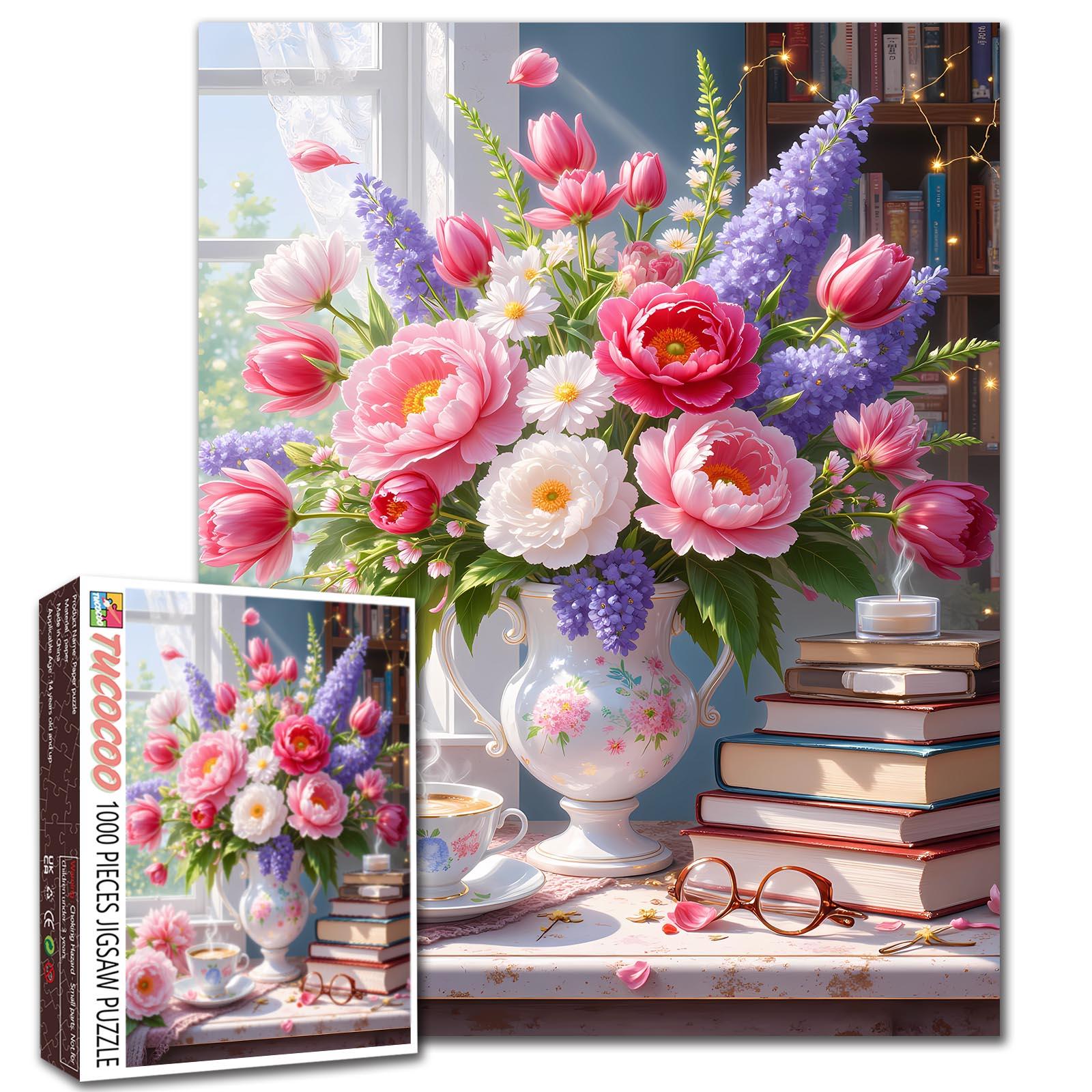 Tucocoo Romantic Flower Arrangement with Books 1000 Pieces Jigsaw Puzzle for Adult, pink blooms in vase beside stacked books warm light cozy reading scene, relaxing hobby brain training family fun decorative wall art gift 27.5x20inch 70x50cm
