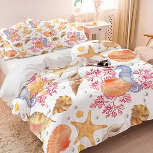 Starfish, Seashell, And Seahorse Print Duvet Cover Set,1 Count Duvet Cover & 1/2 Pillowcase without Filler,Fresh And Artistic Bedroom Decor,suitable For Family Bedrooms,soft And Comfortable,a Gift For Children And Teenagers
