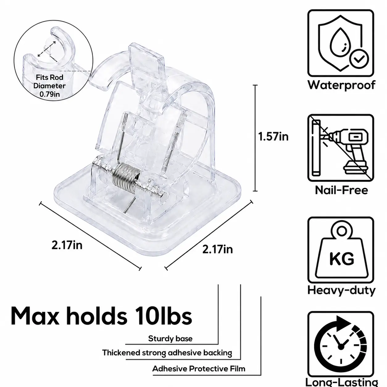10Pcs No-Drill Self-Adhesive Curtain Rod Holders, Smooth Transparent Wall Metal Brackets with Clips, Adjustable Damage-Free Drapery Hooks, 2.76x2.76in Multipurpose Nail-Free Hangers for Renters/Dorms, Bedroom, Bathroom, Universal Hook