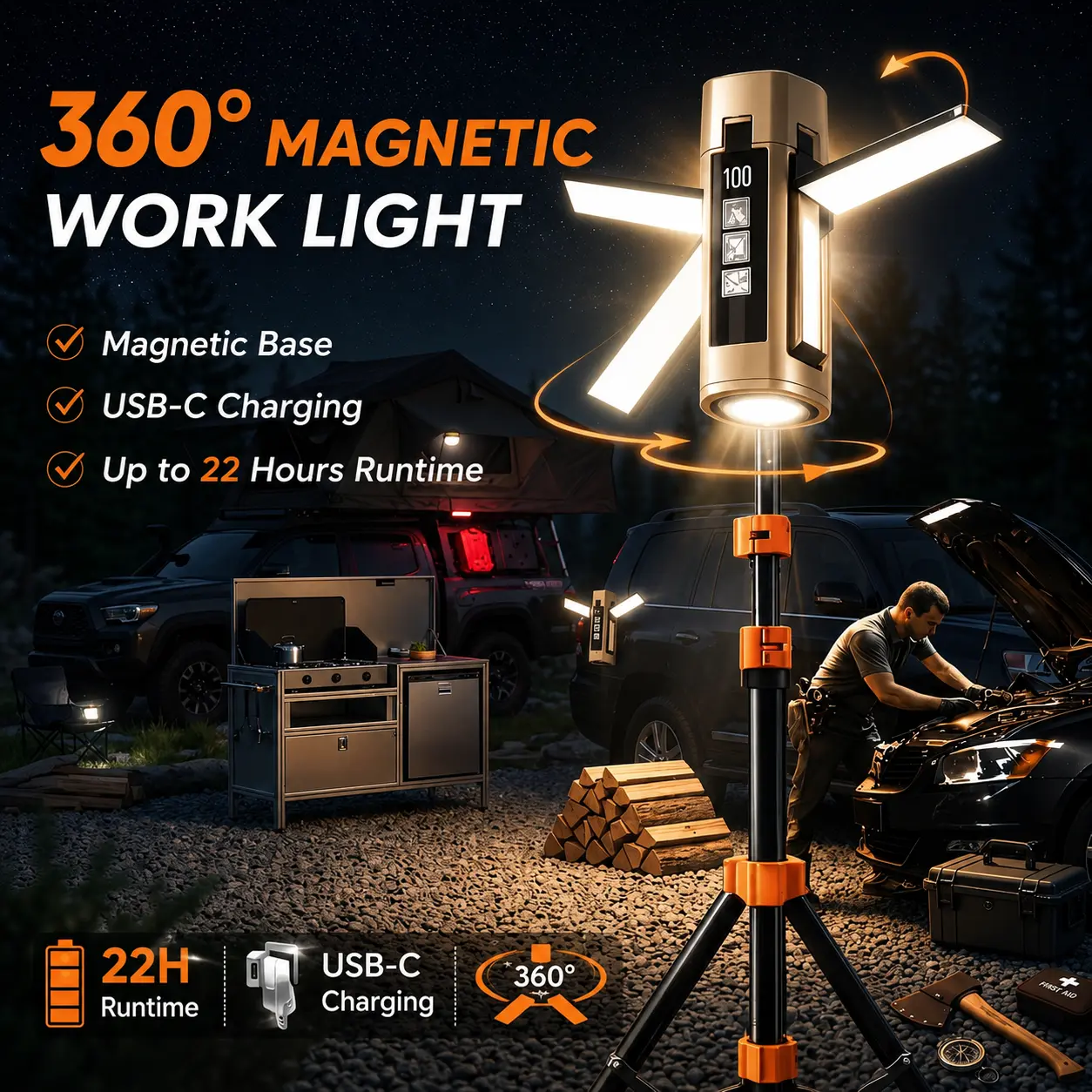 High-lumen retractable foldable camping light, portable LED flashlight, USB rechargeable dimmable tent light, 360° adjustable and hangable floodlight & work light, suitable for camping, hiking and fishing,summervibes