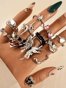 13-Piece Y2K Style Irregular Artificial Gemstone Ring Set, Crystal Lava Butterfly Stackable Rings, Stacking Ring Set, Unique Rings, Artificial Zircon Ring, Perfect for Parties, Holidays, Daily Wear