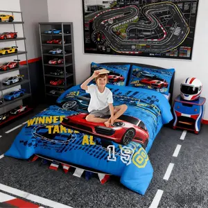 Boys Sports Car Comforter Set,Kids Cool Racing Car Decor All Season Bedding Set,Teens Extreme Sports Theme Comforter,Girls Young Man Blue and Red