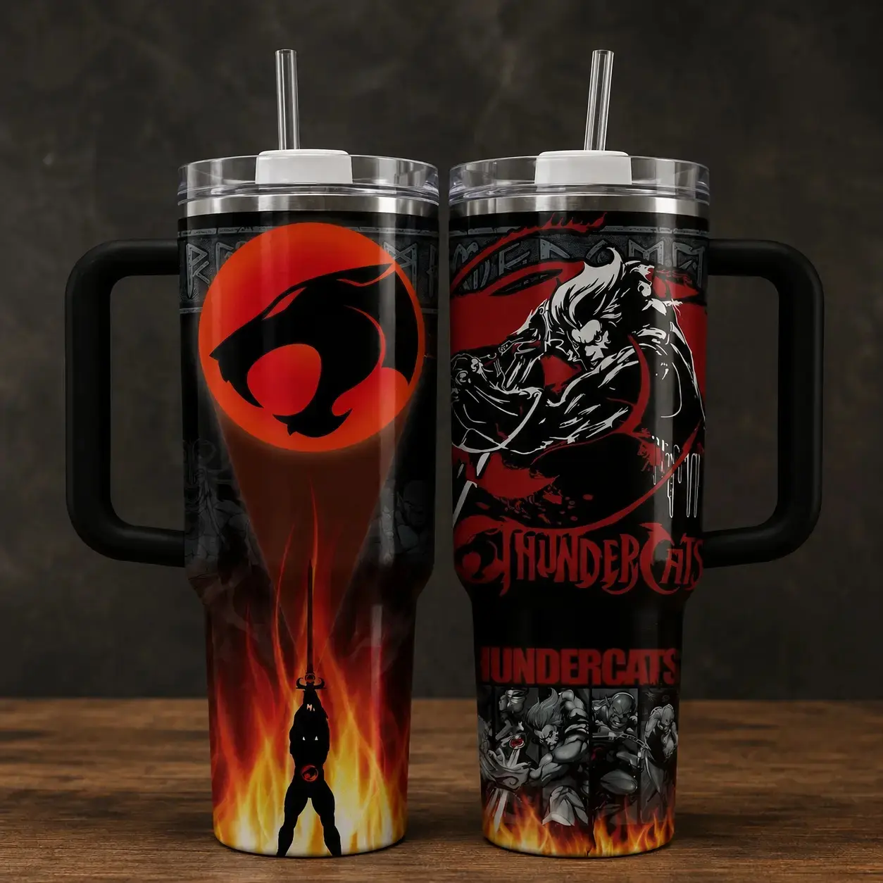 Retro ThunderCats 40oz Stainless Steel Insulated Vacuum Flask - Portable Red-Black Warrior Cat Design Tumbler for Adults, Casual Use, Easy Grip Handle, Leak-Proof Lid, Straw for Convenient Sipping