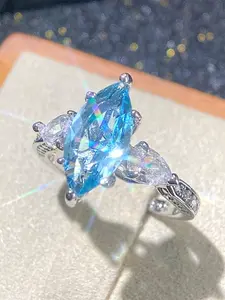 1 PC Fashion Blue Cubic Zirconia Engagement Ring For Women For Valentine's Day Gift Wedding Anniversary Jewelry Teardrop Bridal Rings