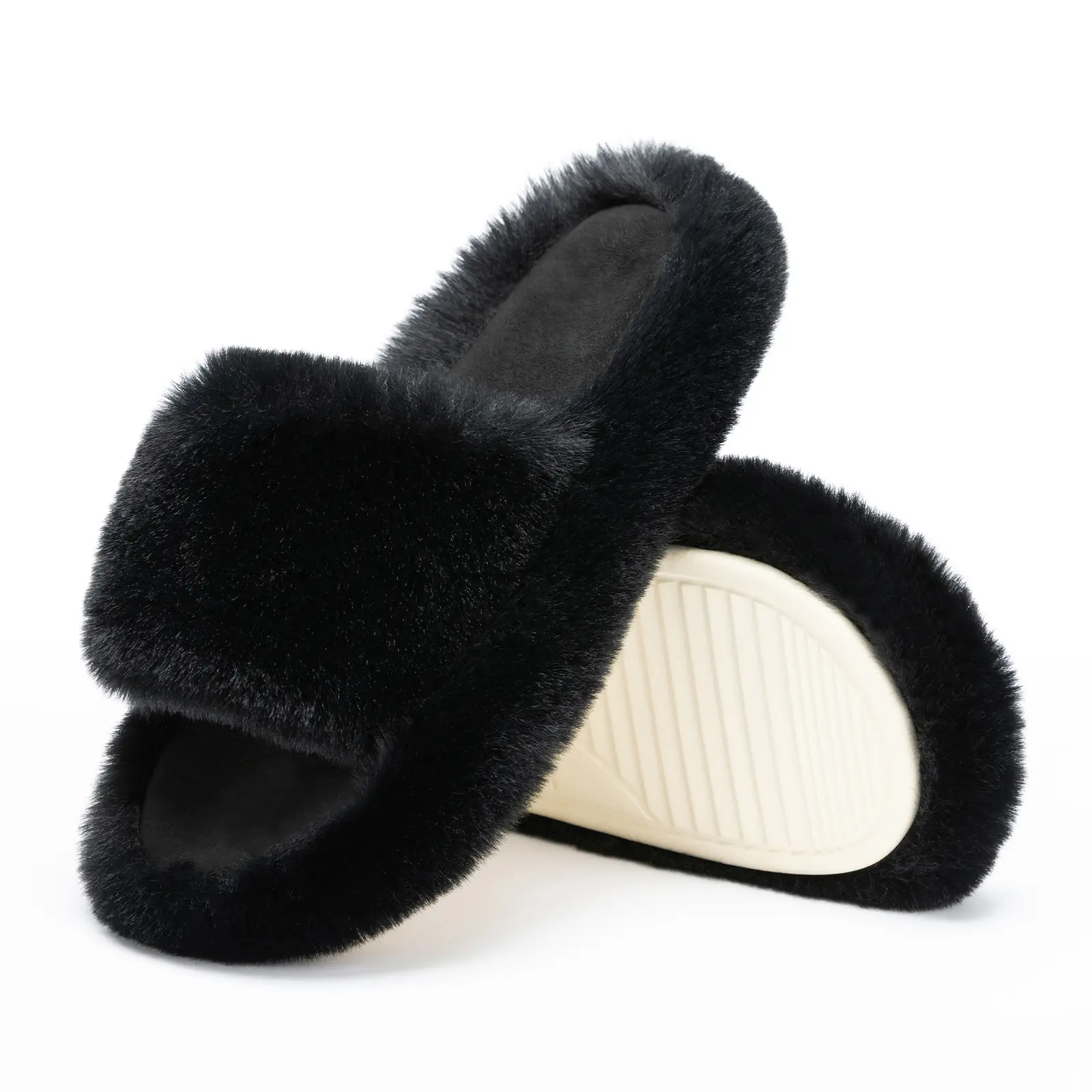 Chantomoo Open Toe Slippers Memory Foam Fluffy Faux Fur Cozy House Shoes