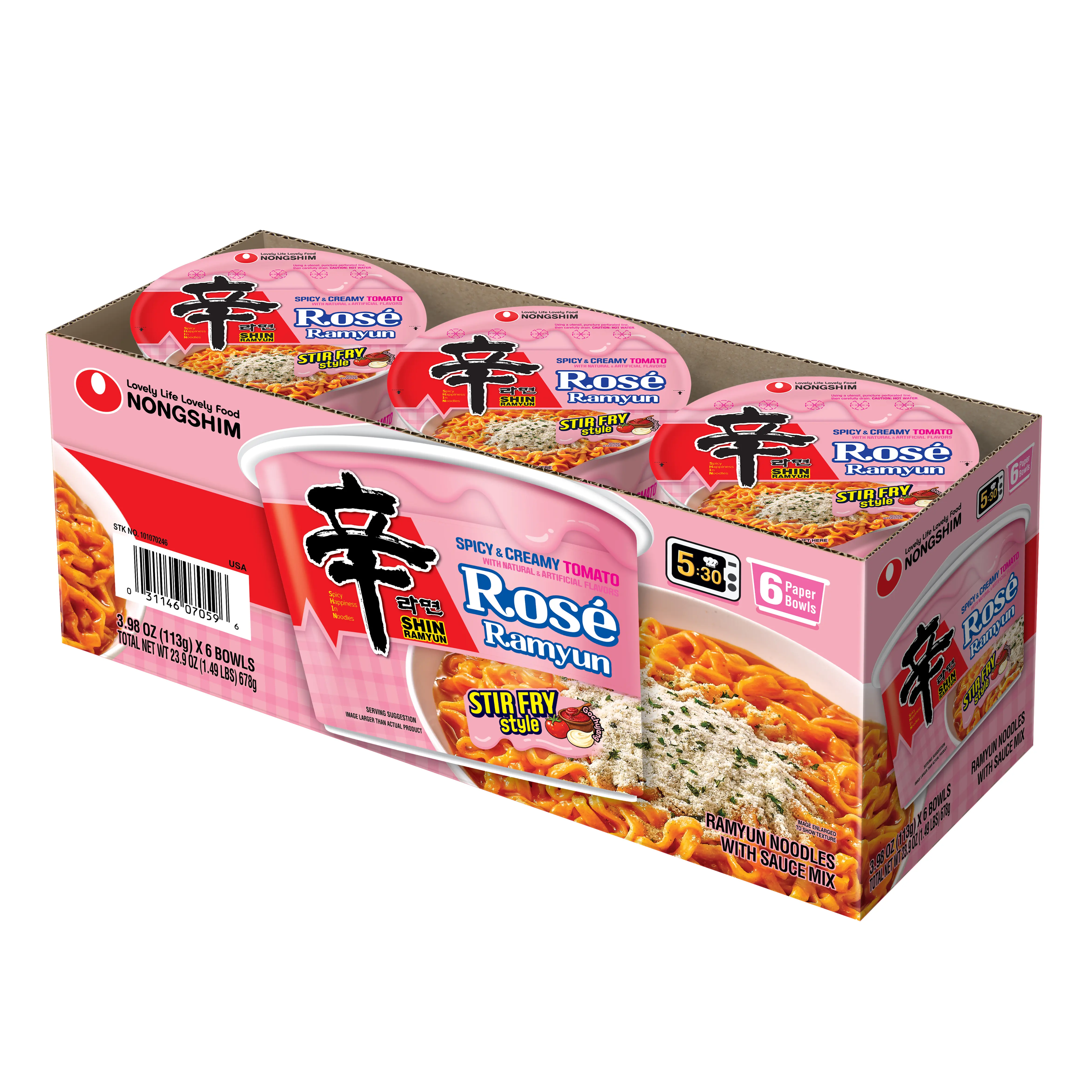 Nongshim Rosé Ramyun Ramen Noodle - Korean Instant Ramen, Spicy & Creamy Tomato Spice Flavor, 5.3 oz, 6 Packs, Rich Sauce Mix, Cholesterol-Free, Enriched Wheat Flour, Portable Instant Noodles