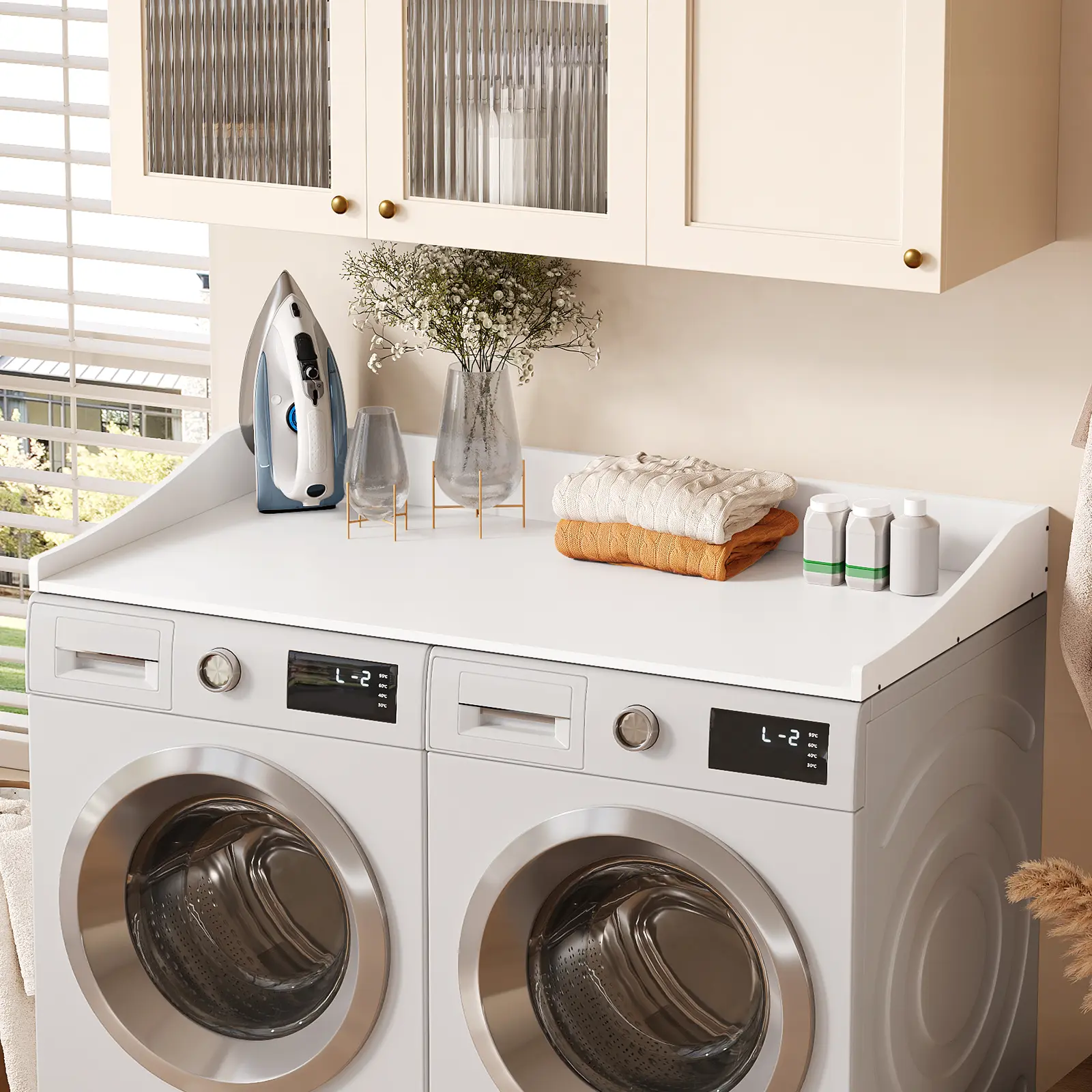 54'' Folding Washer-Dryer Countertop Organizer with Safe Rail, Waterproof Laundry Storage Rack for Apartment Washing Machine, Non-Slip Mat Included for Organized Space