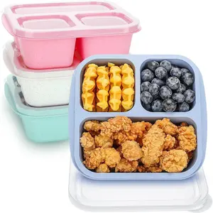 Bento Box For Kids 4 Pack 3 Compartments Meal Prep Containers Reusable Lunch Containers Food Storage Containers With Lids Stackable Snack Boxes for School Work and Travel