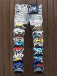 Men's Letter Graffiti Print Denim Jeans, Casual Comfy Jeans for Daily Wear, Fashion Men's Bottoms for All Seasons, Graphic Pants, Ripped Pocket Jeans, Stretch Denim Jeans