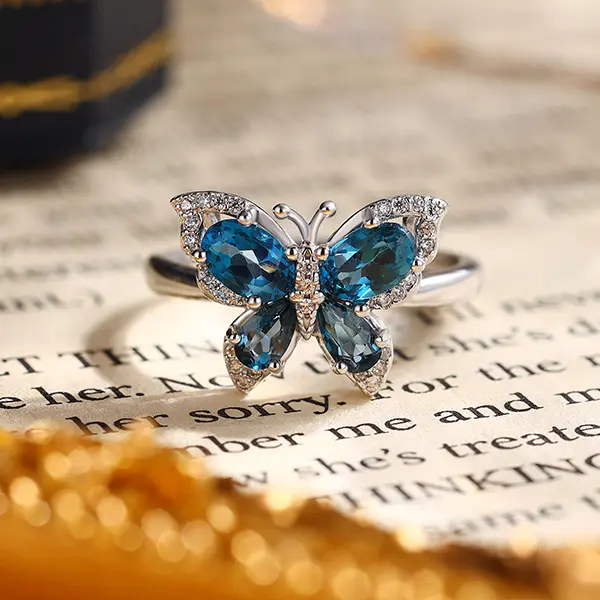 Women's S925 Silver Prong-Set Natural London Blue Topaz Butterfly Ring - Adjustable Size, High-Quality Setting, Elegant & Luxurious Hacoro Jewelry for Girl, Anniversary Gift, Daily Wear