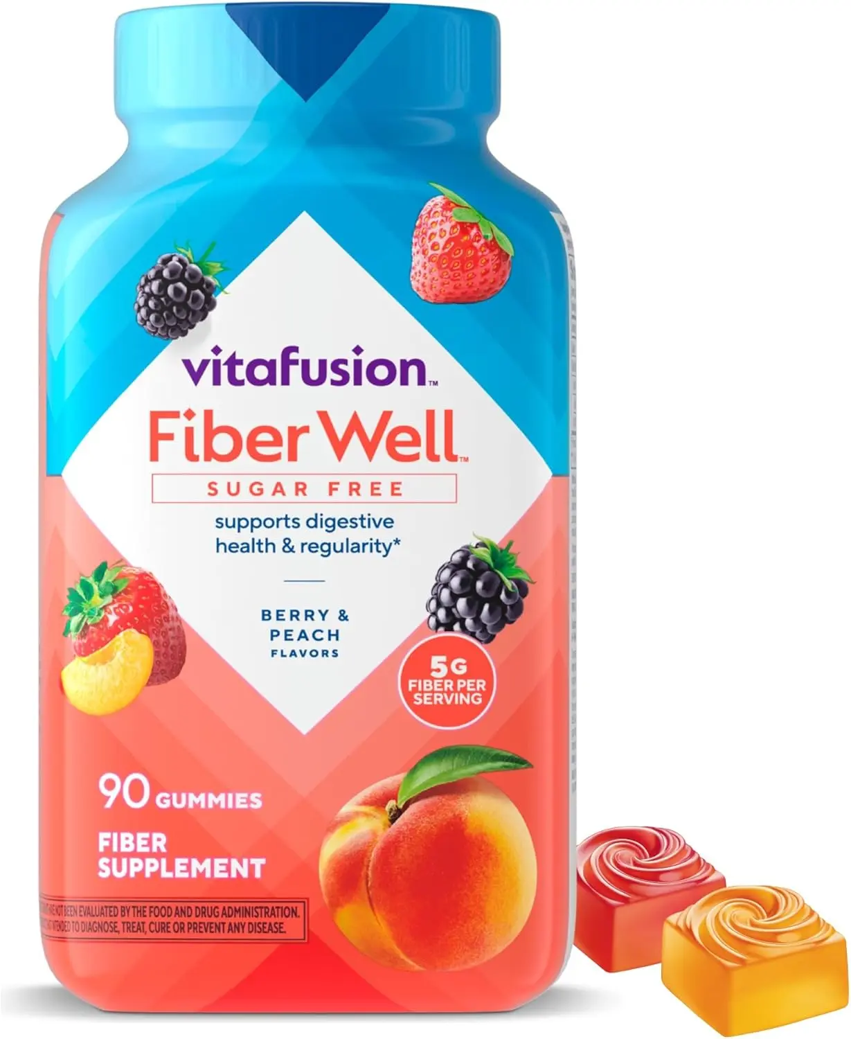 Vitafusion Fiber Well Gummy Vitamins 90 Count Berry & Peach Flavors Sugar Free Dietary Supplement for Digestive Health & Regularity - Healthcare