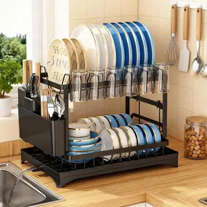 2-Tier Dish Drying Rack with Drainboard-Large Capacity Kitchen Organizer with Utensil & Cup Holder, Rustproof Metal Dish Rack for Countertop & Sink Bowl (12" D × 16.6" W × 13" H)