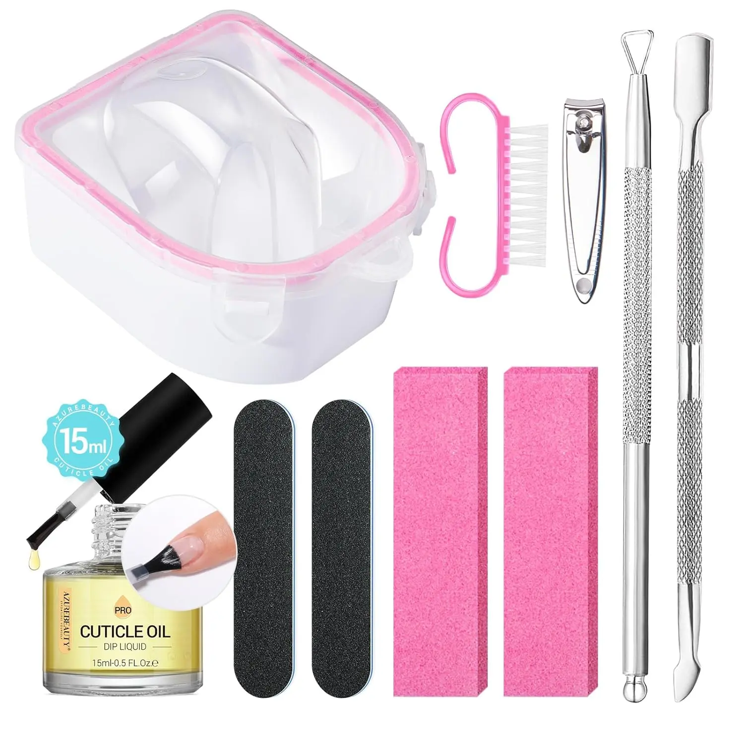 AZUREBEAUTY Nail Soaking Bowl, Soak Off Dip Powder Gel Polish Remover, with 15ml Cuticle Oil Cuticle Remover Tools, Nail Brush, Cuticle Pusher, Cuticle Peeler, Nail File Buffer Manicure Nail Care Nail Art nail polish, Springtok