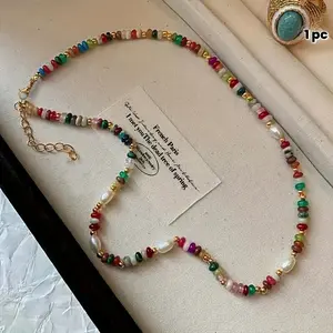 1 Piece Natural Stone Imitation Necklace - Ethnic Style and Minimalist Design, Multicolor Gemstone Women's Daily Casual Jewelry Gift Colorful Glass Pearl Necklace