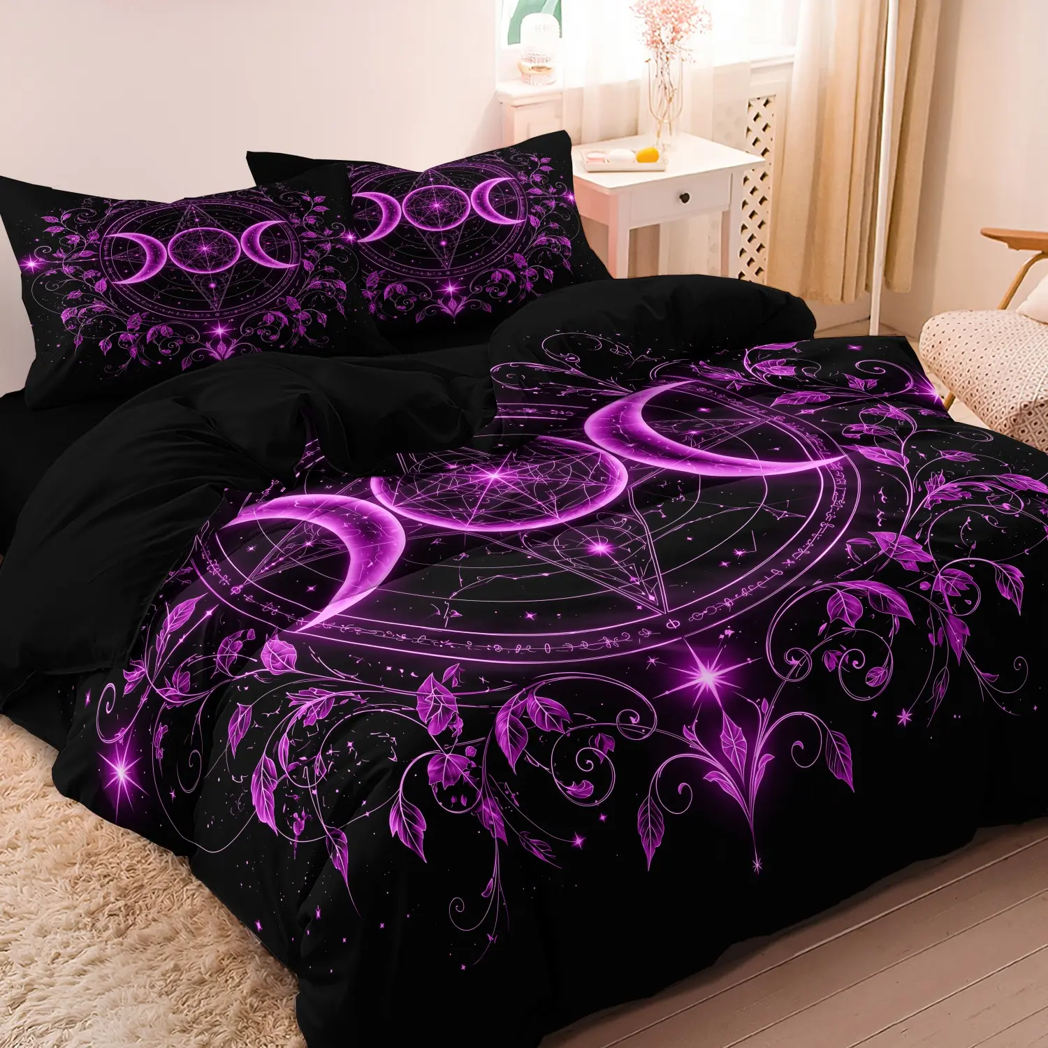 3pcs Set Fuchsia Purple Crescent Moon Symbol Duvet Cover, Decorative Duvet Cover, Vine Leaf Celestial Pattern Bedding, Ideal For Dark-Style Home Decor (1 Duvet Cover + 2 Pillowcases, No Comforter, No Pillow) Duvet Cover Sets