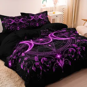 3pcs Set Fuchsia Purple Crescent Moon Symbol Duvet Cover, Decorative Duvet Cover, Vine Leaf Celestial Pattern Bedding, Ideal For Dark-Style Home Decor (1 Duvet Cover + 2 Pillowcases, No Comforter, No Pillow) Duvet Cover Sets