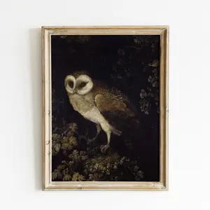 Owl at Night | Vintage Nocturnal Owl Oil Painting | Antique Bird Wall Decor | Dark Black Moody Art |   Printable