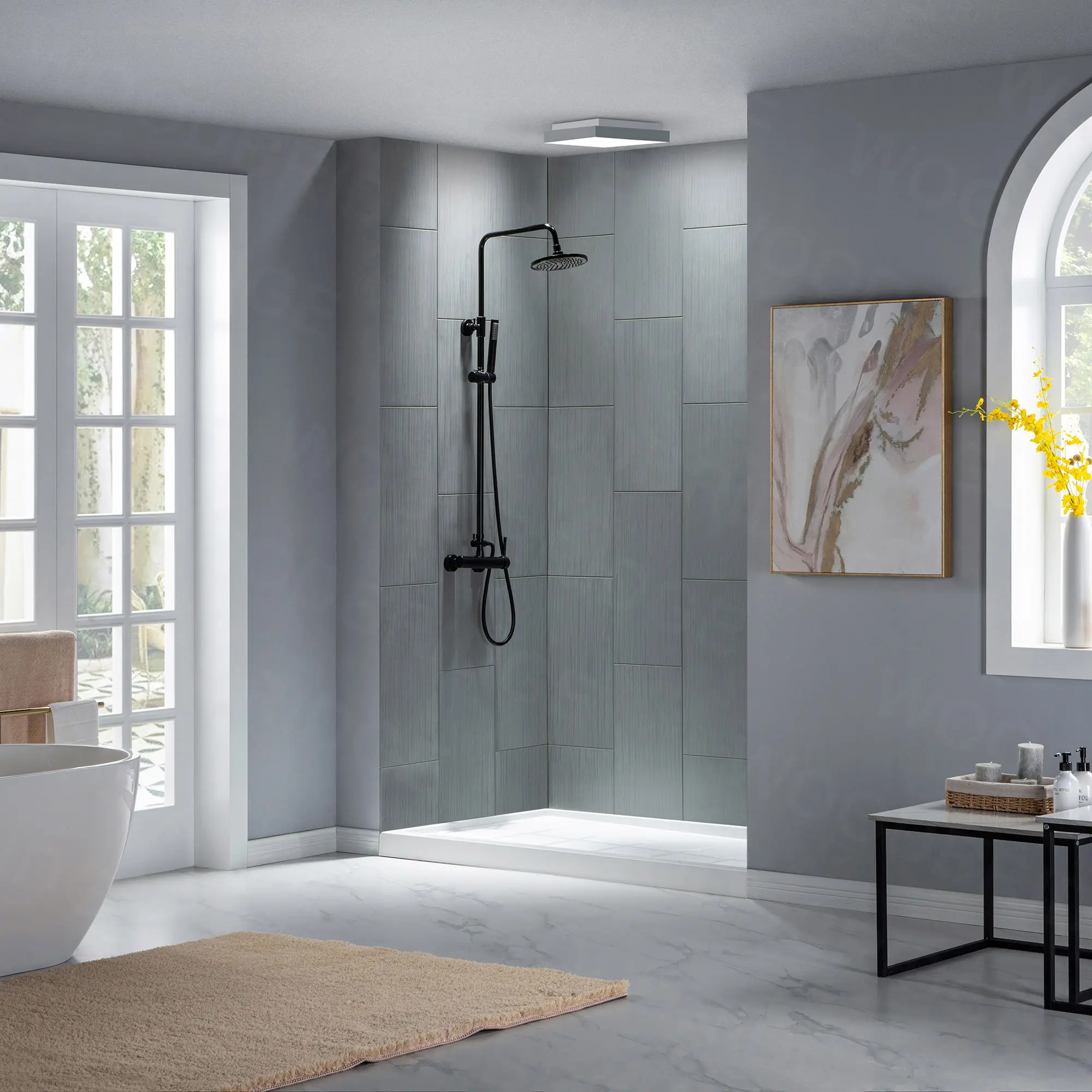WOODBRIDGE SBR4832-1000R-MB SolidSurface Shower Base with Recessed Trench Side Including Matte Black Linear Cover, 48" L x 32" W x 4" H,Right Drain White Color