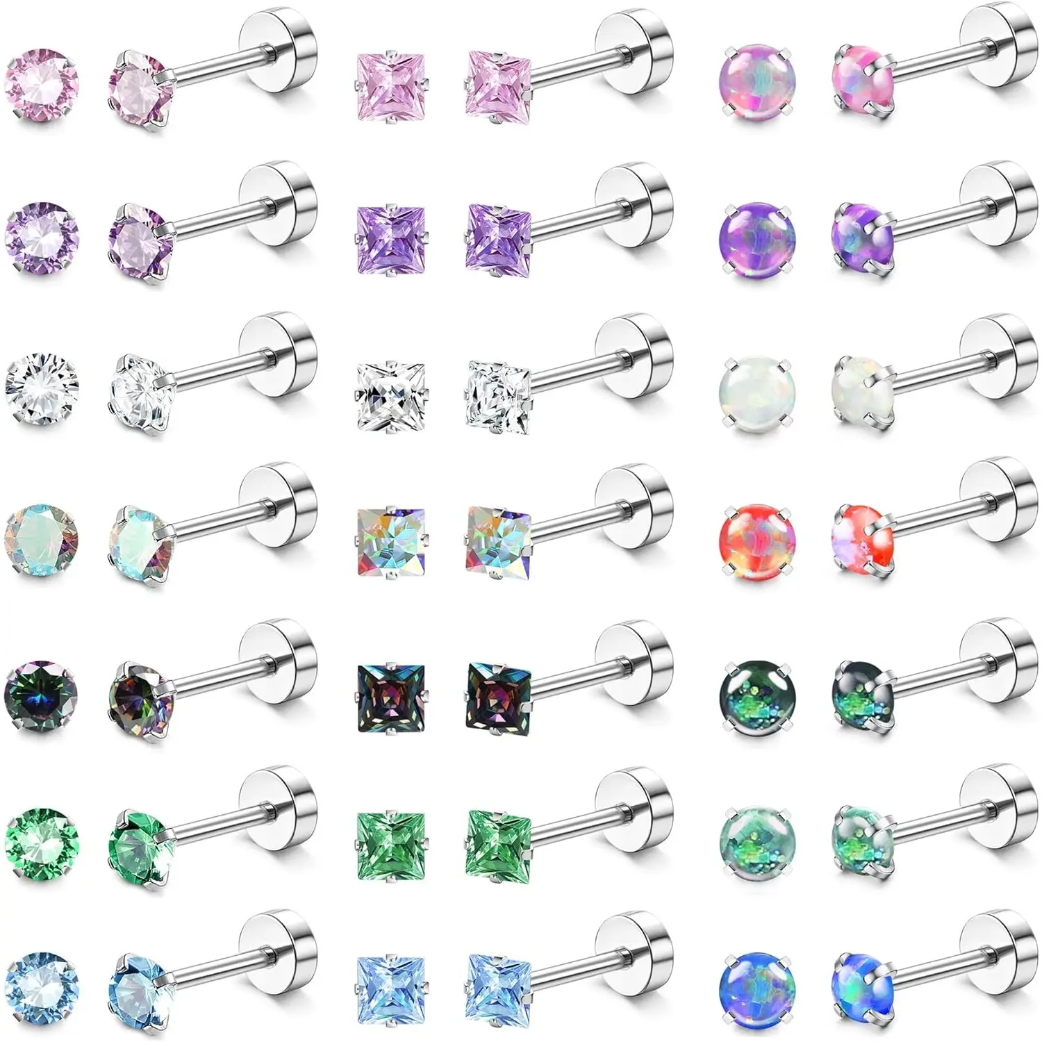 MILACOLATO 21-Pair Hypoallergenic Anti-Rust Surgical Steel Tiny Screwback Stud Earrings - 20G Waterproof Flat-Back for Women's Daily Wear, Multiple Piercings (Sensitive Ears, Cubic Zirconia), Earrings For Sensitive Ears, Cubic Zirconia Stud Earrings