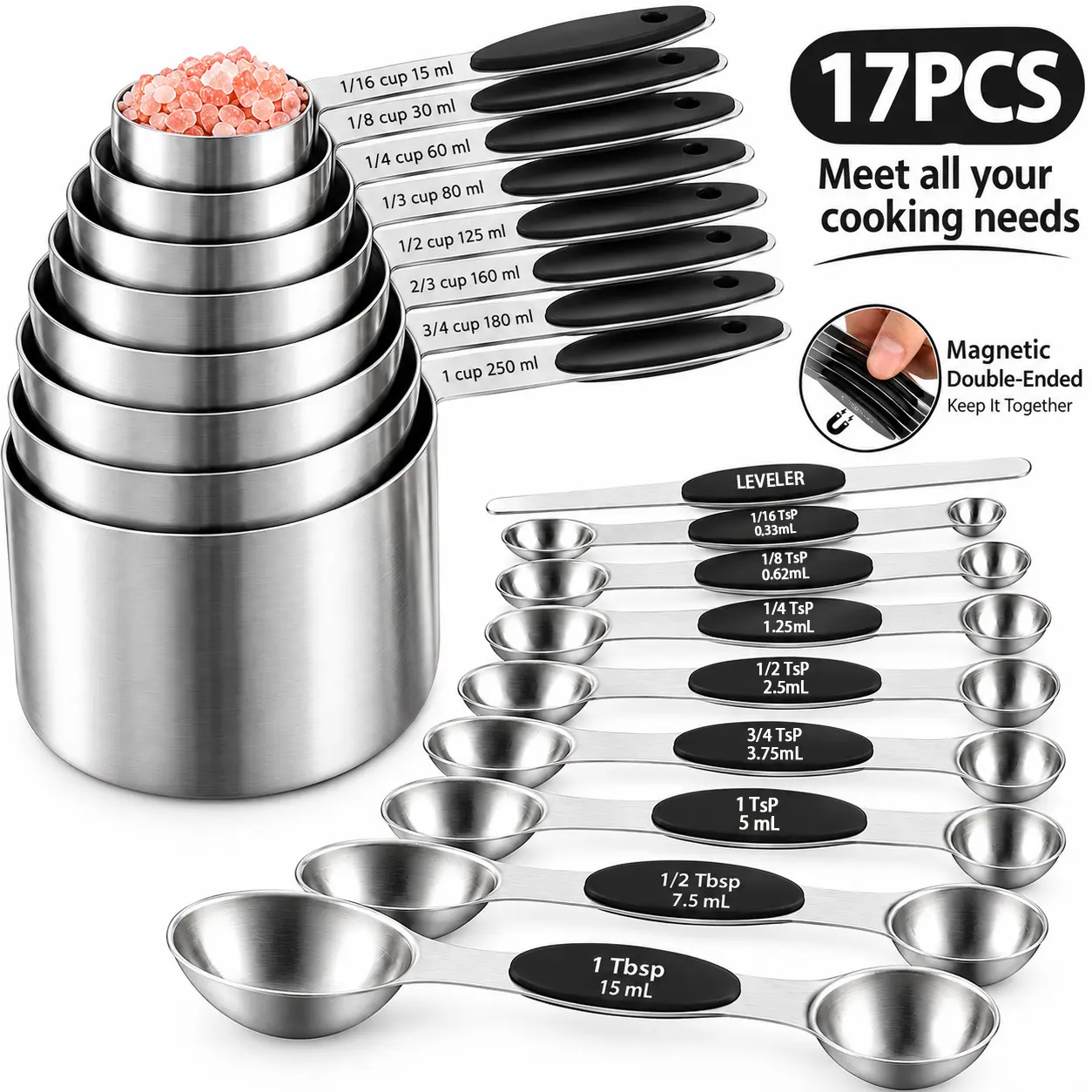 17-Piece Modern Industrial Cups & Spoons Set - Heavy-Duty Double-Sided Magnetic, Stackable Kitchen Measuring Utensils with Silicone Handles Secure in Hand, Stainless Steel Resists Daily Wear, Dry/Liquid Use, Measuring Cup Included