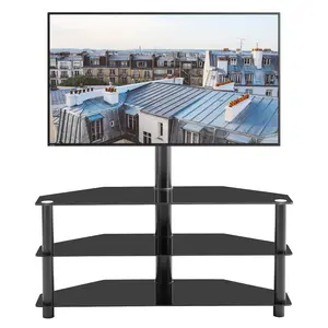 65" Height Adjustable TV Stand with 360° Swivel Base | 3 Tempered Glass Shelves (Holds 110lbs Bracket + 88lbs Top) | Fits 32-65" TVs | Modern Matte Black | Easy Assembly