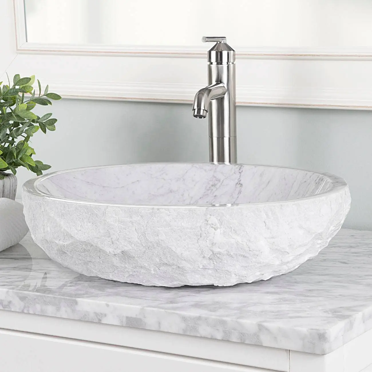 Lennox Luxurious Italian Cararra White Natural Marble Vessel Bathroom Sink - Glossy Interior, Chiseled Stone Basin, Smooth Finish, Master Bathroom Home Improvement Fixture