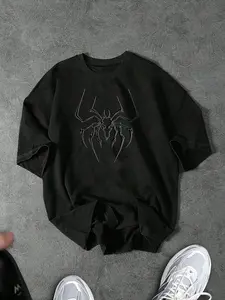 Men's Casual Streetwear Spider Pattern T-Shirt, Drop Shoulder Design, Slogan & Lip Print, Daily Wear, Fashion Trend Choice