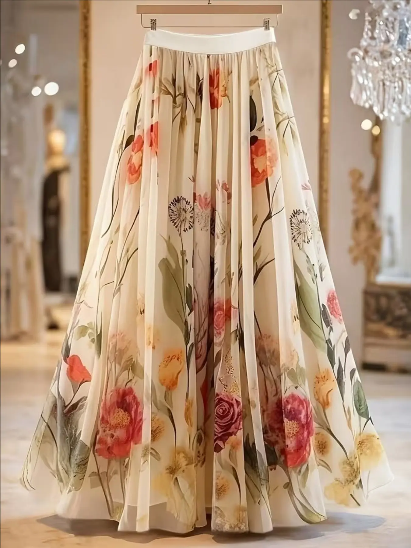 Women's Floral Print Maxi Skirt, Sheer Mesh Material, Elegant Chic Long Dress, Perfect for Casual & Special Occasions
