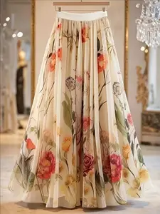 Women's Floral Print Long Skirt, Sheer Mesh Material, Elegant Chic Half-Length Dress, Perfect for Casual & Special Occasions