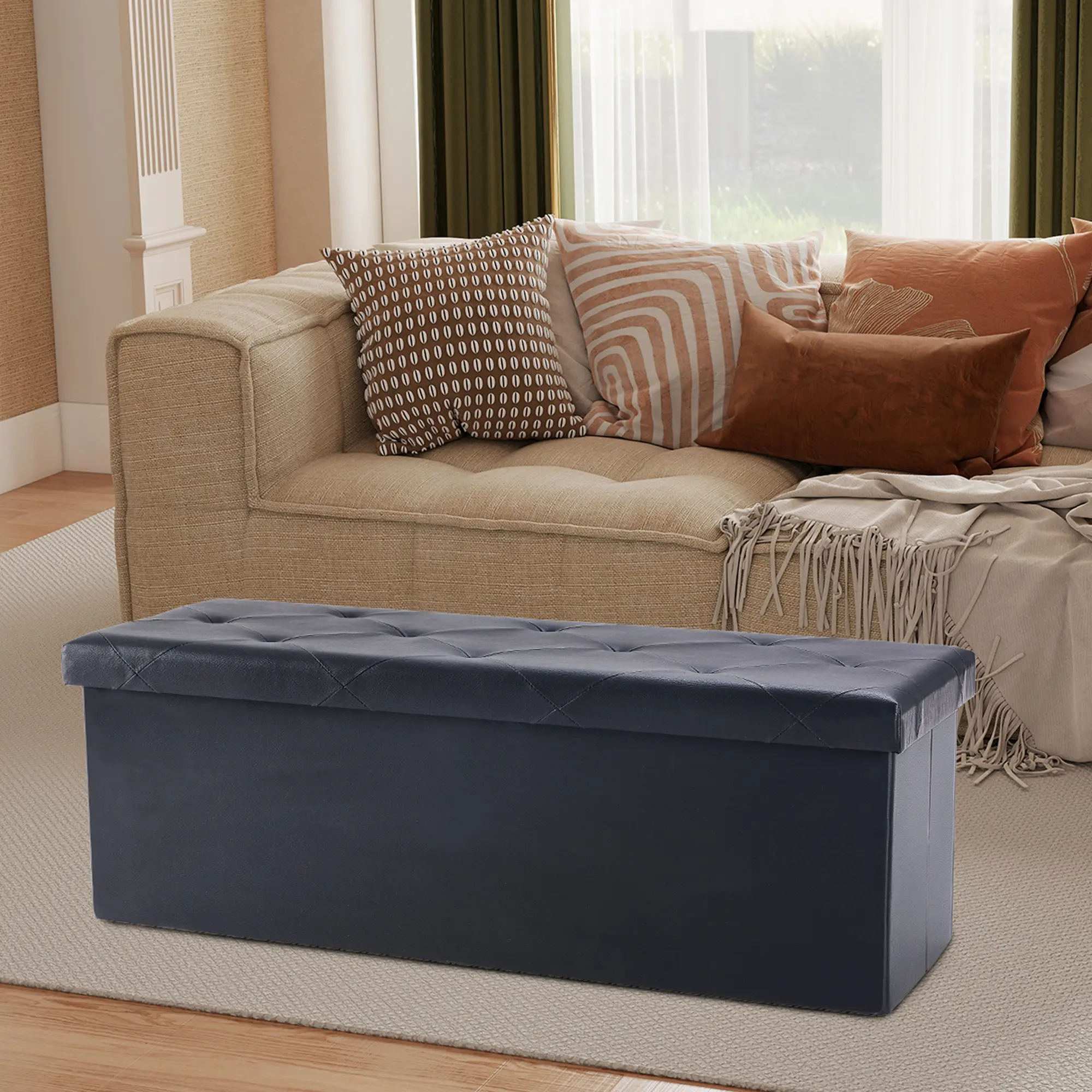 43 Inches Leather Folding Ottoman Storage Footstool Toy Box Bedroom Bench Load 660 lbs Foot Rest Stool For Living Room