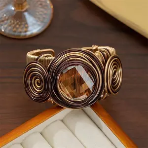 Boho Elegant Copper Cuff with Zirconia Stone Wire-Wrapped No Plating Handcrafted Adjustable Open Design for Party Vacation Pack of 1