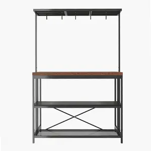 Kitchen Island with Electrical Outlets, Rolling Microwave Stand with 3 Tier Shelves, Solid Wood Top, 5 Hooks, Adjustable Storage and Lockable Casters, Baker's Rack Kitchen Cart for Home Bar and Appliances, 42 or 47 Inch