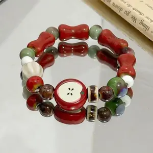 Handmade Apple Fruit Bone Bead Ceramic Bracelet Stretchable Boho Ethnic Jewelry Unique Gift Adjustable Heart Couples