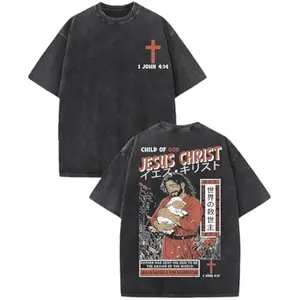 Men's Graphic T-Shirt Washed Cotton Oversized Streetwear Tee, Christian Bible Verse Print Hip Hop Style Retro Vintage Casual Tops for Daily Urban Outfits